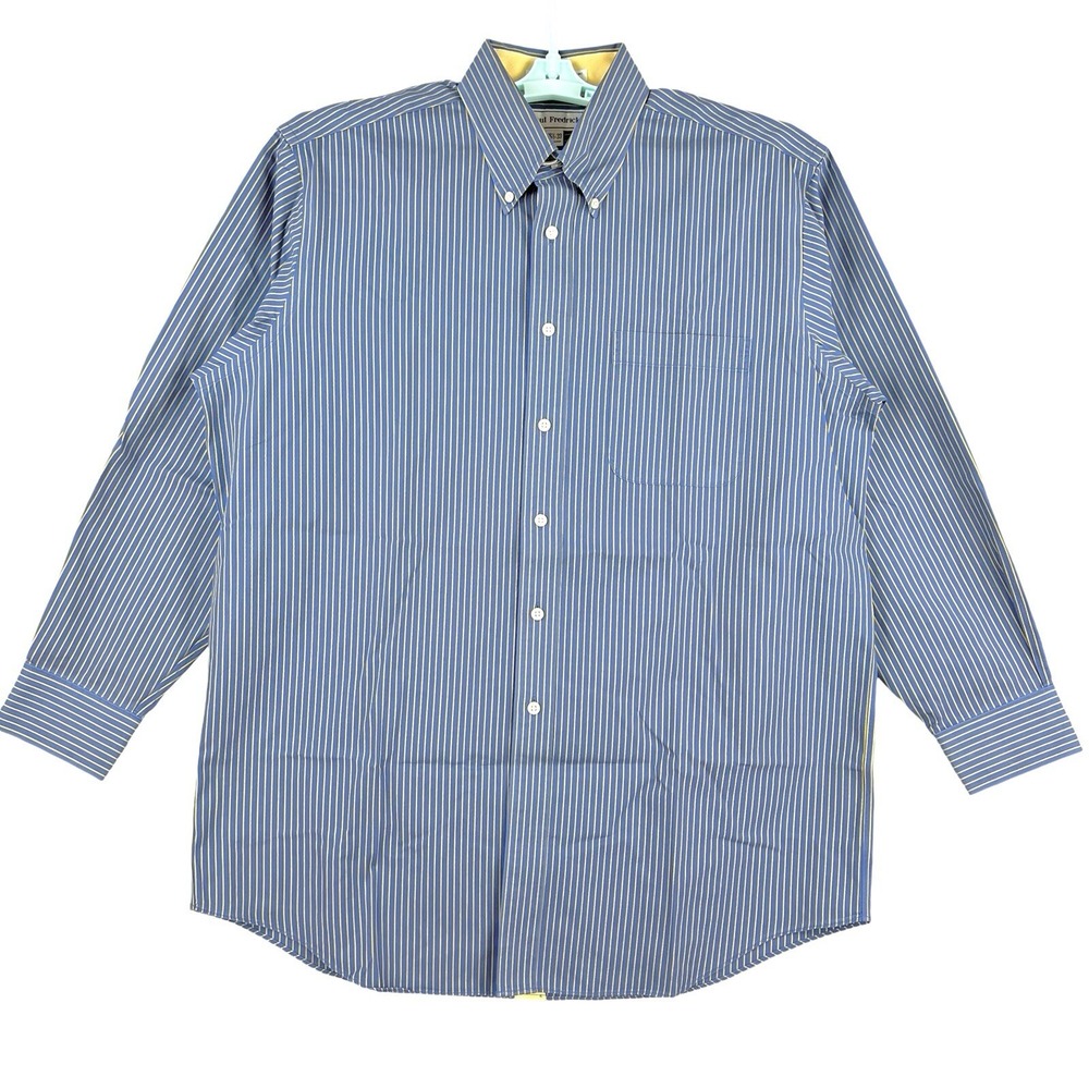Paul Fredrick Men's Striped Blue Tan Shirt Size 16.5-33 Long Sleeve Button-Down